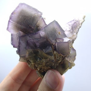 Natural aesthetic purple phantom cubic Fluorite crystal with dogtooth calcite on matrix from Baluchistan Pakistan, 395 grams