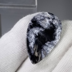 Pode incluir: Uma pedra preciosa polida em forma de gota, com um padr&atilde;o dendr&iacute;tico preto e branco marcante. A pedra exibe um design natural e org&acirc;nico que lembra uma paisagem ou galhos de &aacute;rvores. A gema &eacute; segurada contra um fundo de tecido branco.