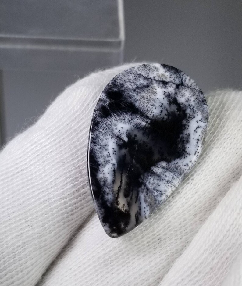 Pode incluir: Uma pedra preciosa polida em forma de gota, com um padr&atilde;o dendr&iacute;tico preto e branco marcante. A pedra exibe um design natural e org&acirc;nico que lembra uma paisagem ou galhos de &aacute;rvores. A gema &eacute; segurada contra um fundo de tecido branco.