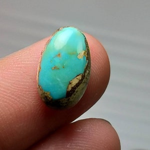 Puede incluir: Una piedra preciosa ovalada de turquesa con una superficie pulida. La piedra presenta un vibrante tono azul-verdoso con patrones de matriz marr&oacute;n y beige en los bordes. La piedra preciosa se sostiene entre los dedos.