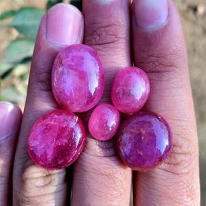 Peut inclure: Six pierres pr&eacute;cieuses rubis polies, de forme ovale et de tailles vari&eacute;es. Les rubis pr&eacute;sentent une teinte rouge-rose profonde et vibrante, avec une surface brillante et r&eacute;fl&eacute;chissante. Les pierres sont tenues dans une main.