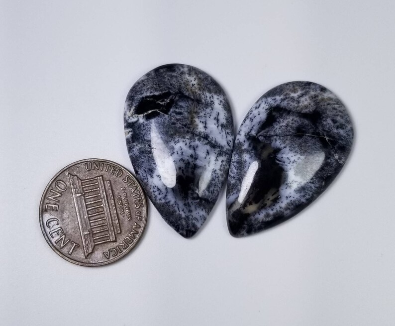 Pode incluir: Dois caboch&otilde;es de &aacute;gata dendr&iacute;tica em forma de gota, com padr&otilde;es em preto e branco. Uma moeda de um centavo americano est&aacute; ao lado das pedras para compara&ccedil;&atilde;o de tamanho. Acabamento polido e brilhante.