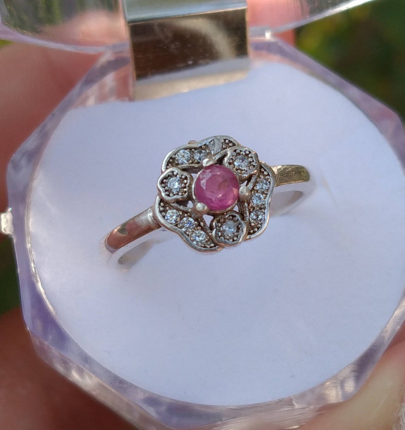Natural top quality beautiful amazing style pink ruby gem sterling silver ring with synthetic white zircon gems around it