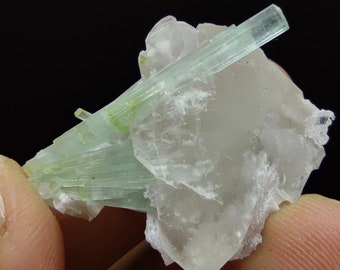 Small light green Tourmaline crystal matrix on light smokey quartz crystal from Afghanistan, 8.8 grams