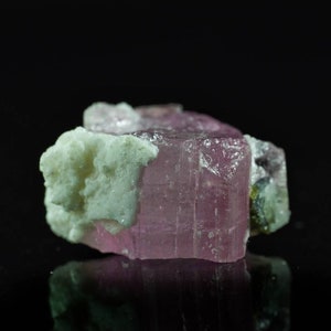 Natural top quality beautiful not terminated pink tourmaline crystal with albite and on matrix rare green microlite from Afghanistan