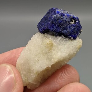 Beautiful well formed Lazurite crystal perched on white calcite matrix from Afghanistan, weight 11.5 grams