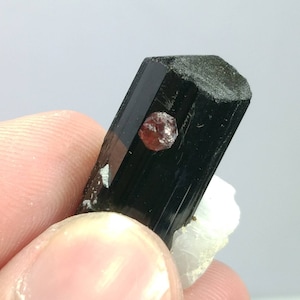 Top Quality beautiful natural 10.5 grams amazing terminated crystal of black tourmaline with spessartine garnet and albite