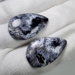Pode incluir: Duas pedras preciosas em forma de gota com um padr&atilde;o marcante em preto e branco. As pedras polidas exibem um efeito marmorizado, com &aacute;reas de preto e branco s&oacute;lido intercaladas com detalhes cinza e salpicados. As pedras est&atilde;o sobre um fundo de tecido branco.