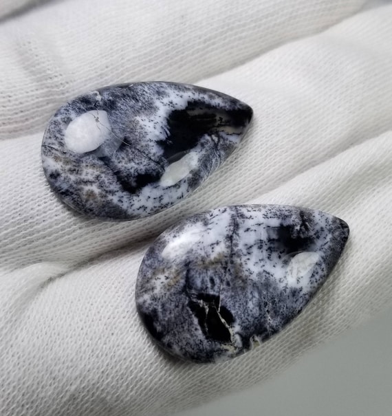 Dendritic Opal Cabochons Pair, Teardrop Stone Earrings