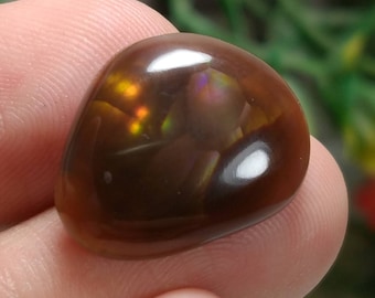 May include: A polished, cabochon-cut gemstone with a rich, dark brown color. The stone has a smooth, rounded shape and exhibits internal iridescence with flashes of orange, yellow, and purple. The surface reflects light, creating a glossy appearance.