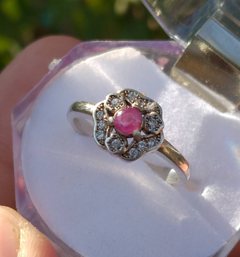 Natural top quality beautiful amazing style pink ruby gem sterling silver ring with synthetic white zircon gems around it