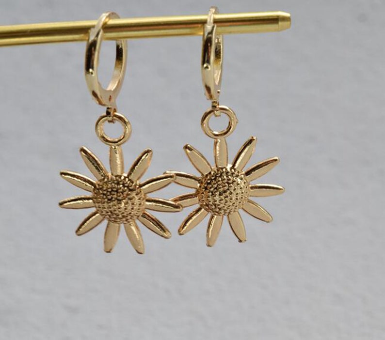 Gold Hoop Earring Sunflower Hoops Endless Hoop Huggie Dangle Etsy