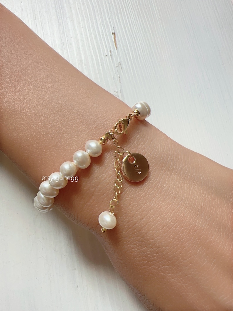 personalized initial shell pearl bracelet hand stamped bracelet dainty gold monogram bracelet bridesmaid bracelet image 5