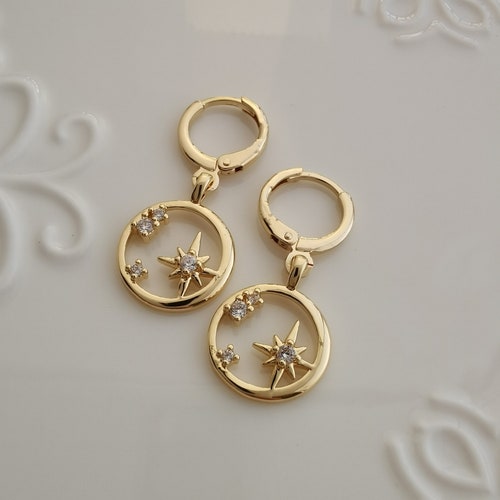 Gold Star Starburst Hoop Earring Endless Hoops Huggies Dangle - Etsy