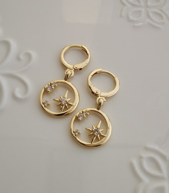 Gold Star Starburst Hoop Earring Endless Hoops Huggies Dangle | Etsy