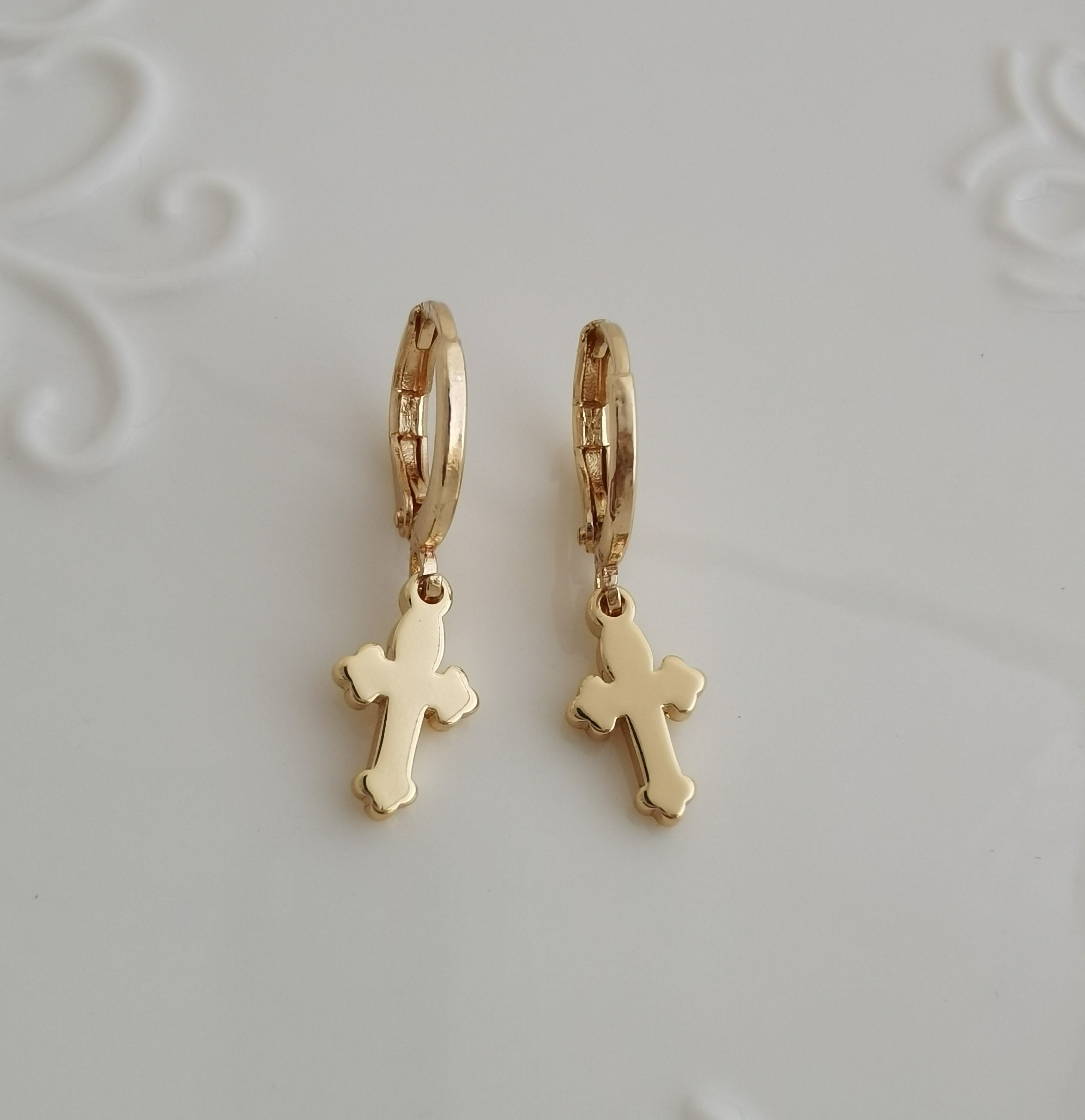 Gold cross hoop earring hoops endless huggies dangle simple Etsy