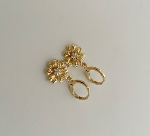 Gold daisy hoop earring endless hoops huggies dangle earring | Etsy