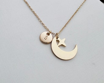 personalized initial moon star necklace name necklace dainty delicate gold monogram necklace bridesmaid necklace