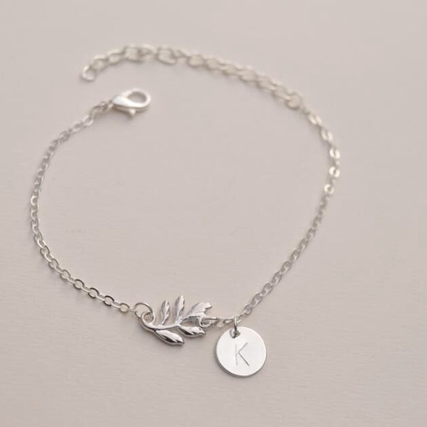 personalized initial leaf bracelet letter bracelet dainty delicate silver monogram bracelet bridesmaid bracelet