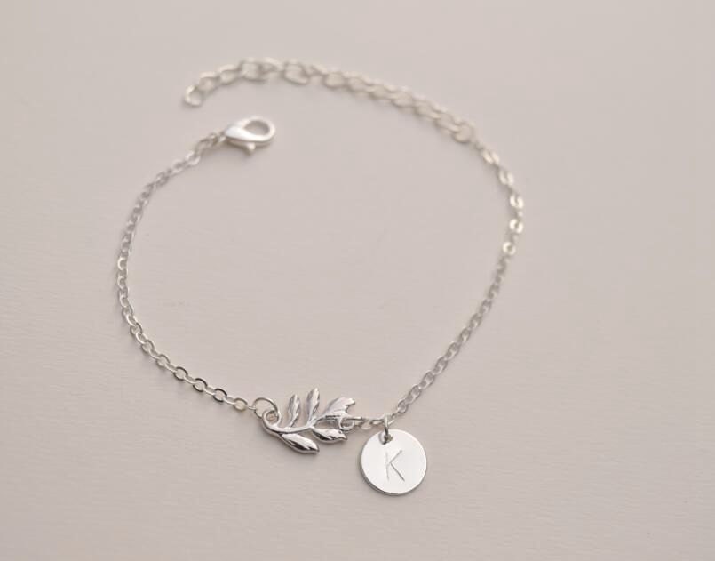 personalized initial leaf bracelet letter bracelet dainty delicate silver monogram bracelet bridesmaid bracelet