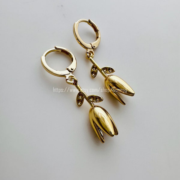 gold tulip flower hoop earring endless hoops huggies dangle earring simple earrings everyday/gift for her