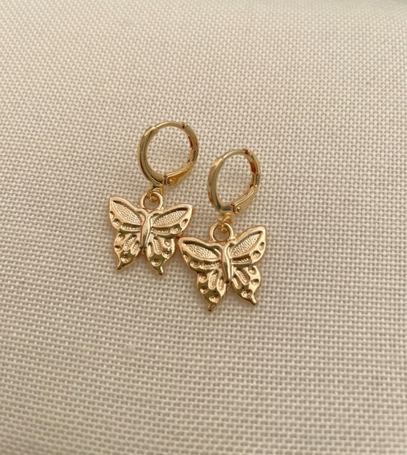 Gold Butterfly Earring Endless Hoops Huggies Dangle Earring | Etsy