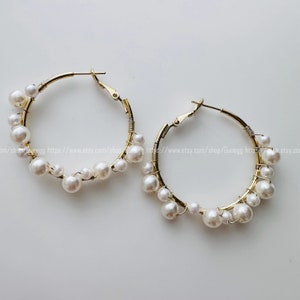 pearl hoop earring endless hoops earrings / 40mm