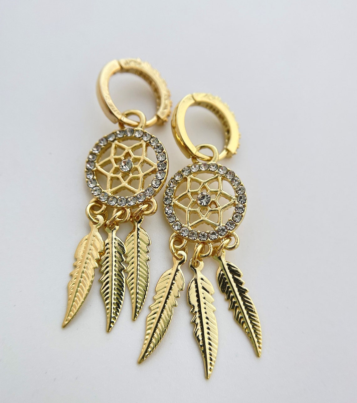 Gold Dream Catcher Hoop Earring Endless Hoops Huggies Dangle Etsy