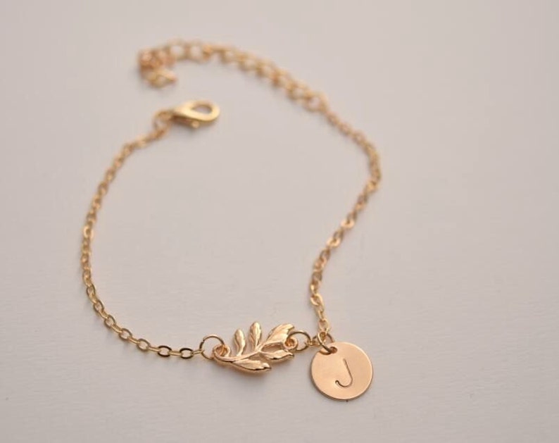 personalized initial leaf bracelet hand stamped bracelet dainty delicate gold monogram bracelet bridesmaid bracelet 