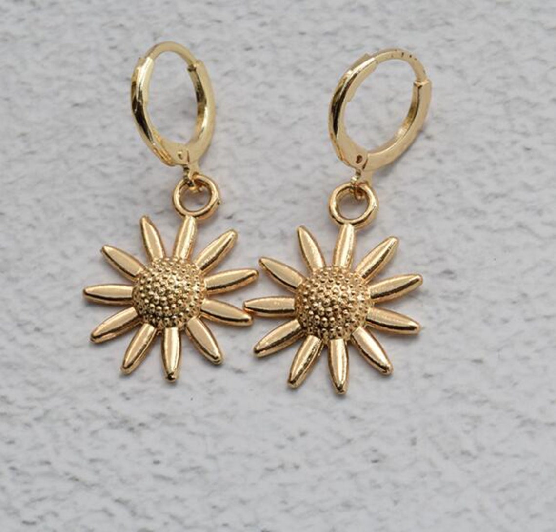 Gold Hoop Earring Sunflower Hoops Endless Hoop Huggie Dangle Etsy