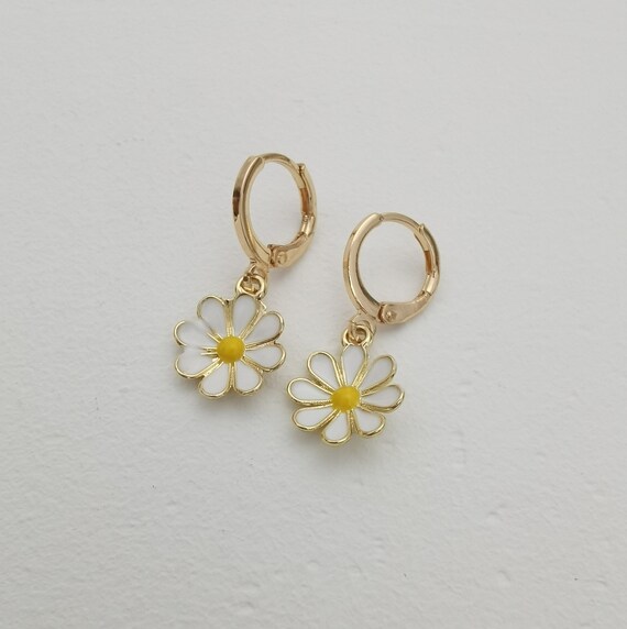 Gold daisy sunflower hoop earring endless hoops huggies dangle | Etsy
