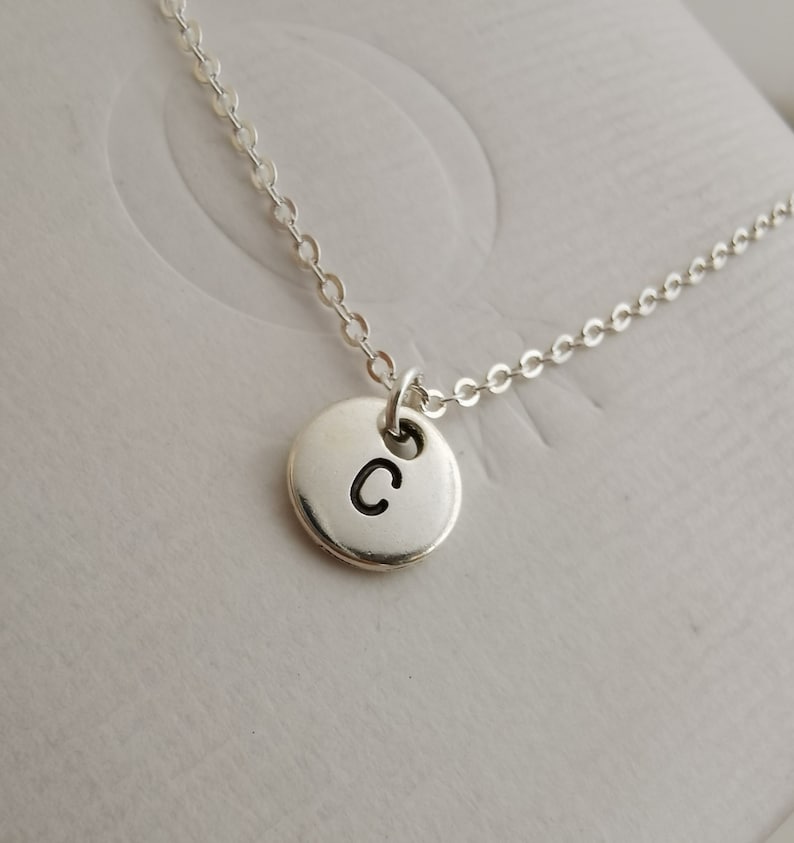 personalized initial disc necklace hand stamped coin necklace dainty delicate silver monogram necklace bridesmaid necklace image 1