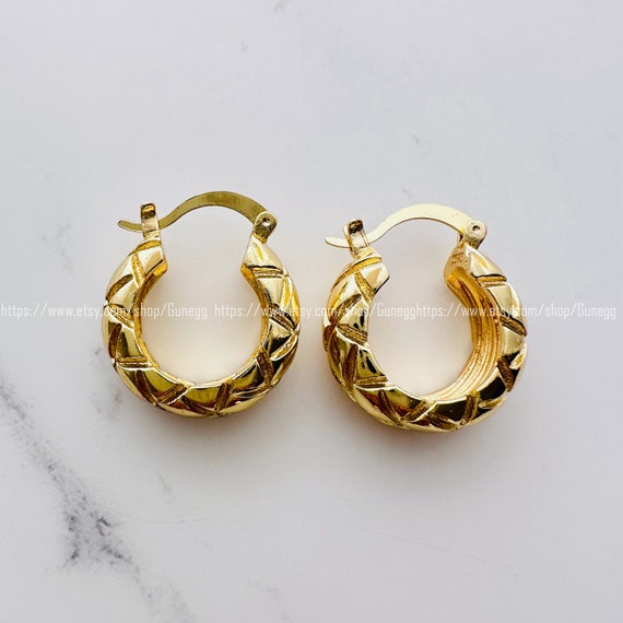 sterling silver gold 22mm grid hoop earring simple earrings
