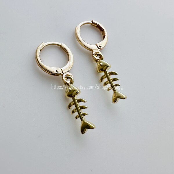 gold fish bone fishbone hoop earring endless hoops huggies dangle earring simple earrings everyday/gift for her