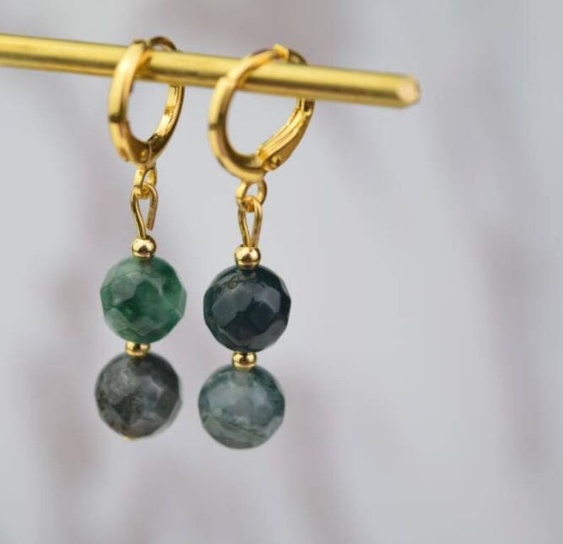 gold grass green moss agate gemstone hoop earring drop huggie earrings simple earrings everydaygift for her