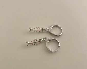 silver fish bone hoop earring endless hoops huggies dangle earring simple earrings everyday/gift for her