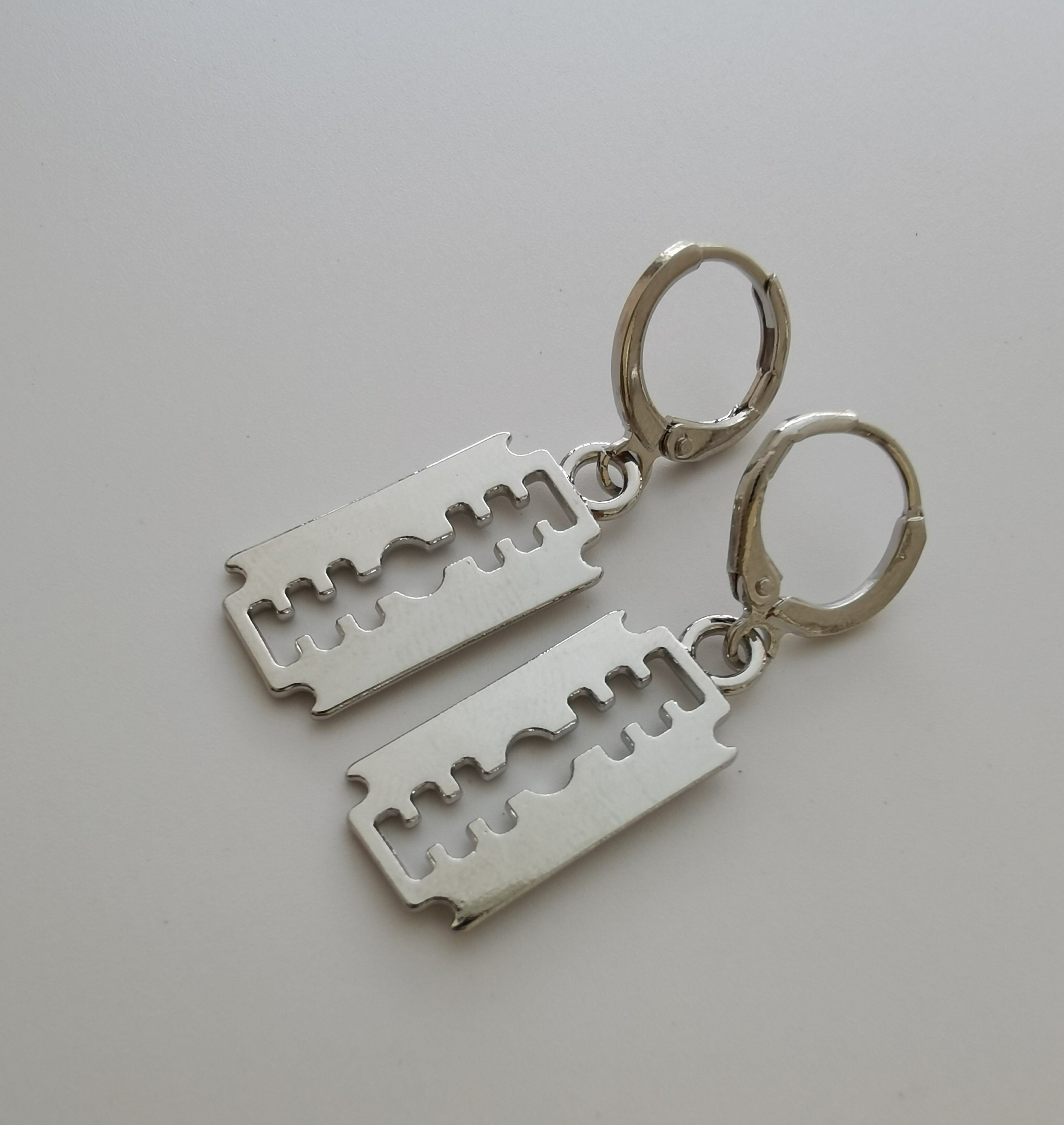 Silver Razor Blade Hoop Earring Endless Hoops Huggies Dangle Etsy