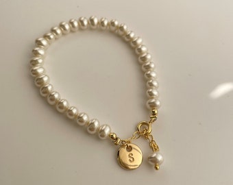 personalized initial shell pearl bracelet hand stamped bracelet dainty gold monogram bracelet bridesmaid bracelet