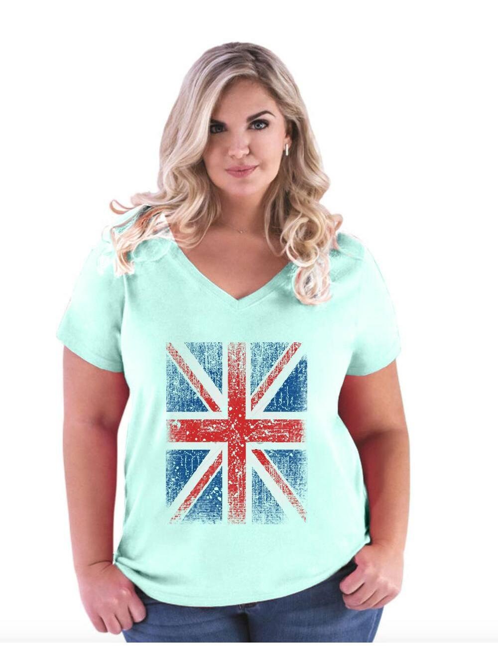Union Jack Disstressed British Flag Women Curvy Plus Size V neck