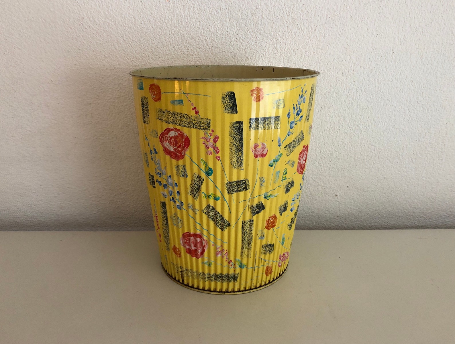 Yellow trash can with roses vintage prullenbak fifties Etsy