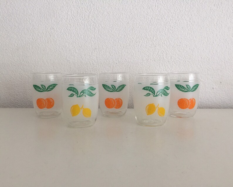 Vintage small juice glasses 5 retro fruit met wit glazen Etsy