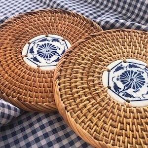 Rattan Plate Mat Round Ceramic Coaster Tea Insulation Natural Kinds Table Kitchen Craft 6.5 inches