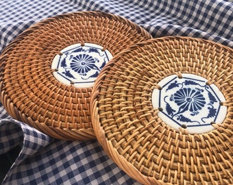 Rattan Platte Matte Runde Keramik Untersetzer Tee Isolierung natürliche Arten Tisch Küche Handwerk 6,5 Zoll