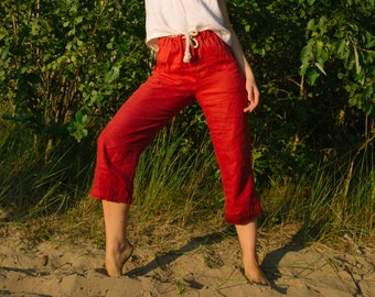 Linen pants 3/4 length in dark red with side pockets