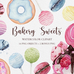 Watercolor Sweet Clipart, hand painted bakery clipart, dessert clipart, cupcakes clipart, donut clipart, macarons clipart.