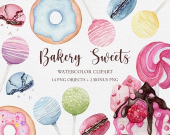 Watercolor Sweet Clipart, hand painted bakery clipart, dessert clipart, cupcakes clipart, donut clipart, macarons clipart.