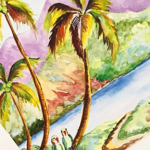 May include: Watercolor painting of a tropical scene with two palm trees and a river. The palm trees have green, yellow, and brown leaves. The river is blue and there are green hills in the background. Two green parrots are perched on a branch of one of the palm trees.