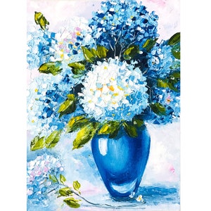 Hydrangea Painting on canvas Impasto Painting White Blue Hydrangea plant, Still life Original Art Personalized gift mom, Art for shelf