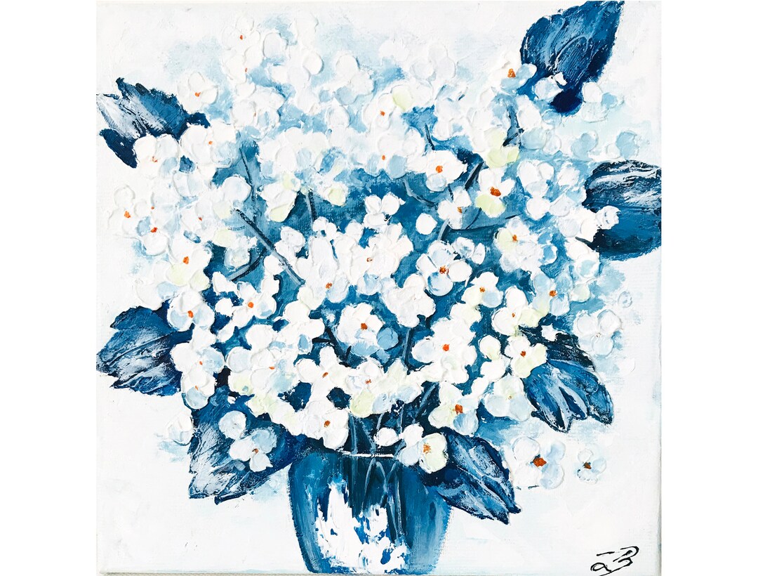 Hydrangea Painting Impasto Painting White Hydrangea Plant, Still Life