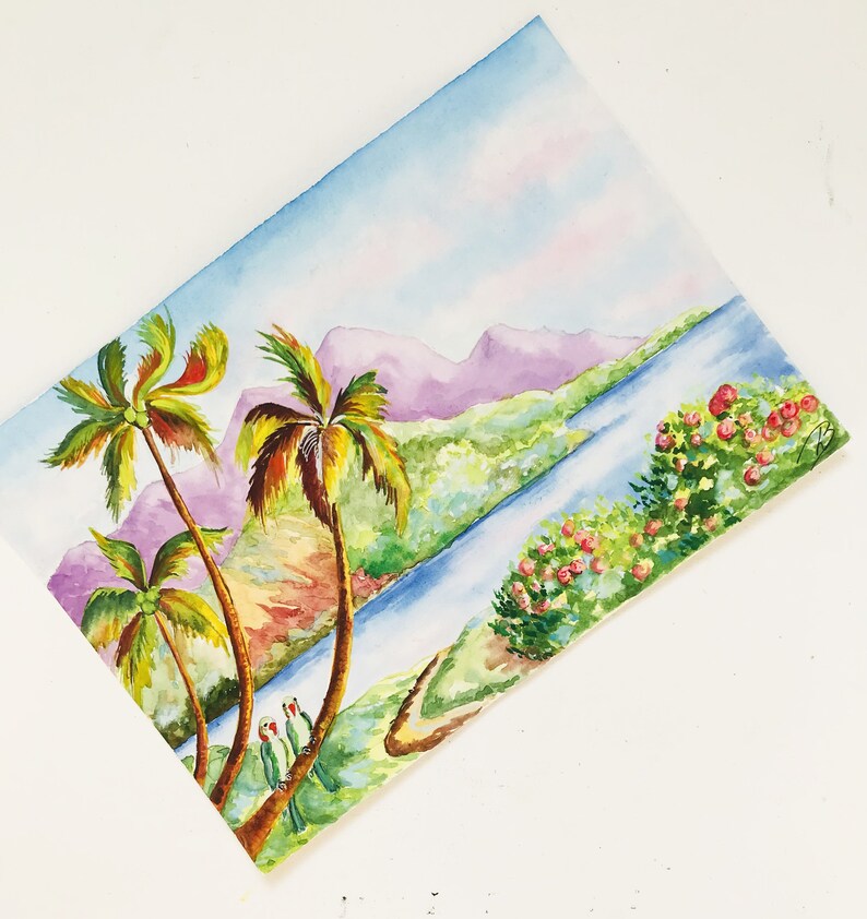 May include: Watercolor painting of a tropical landscape with two palm trees, a river, and pink flowers. Two green parrots are perched on a branch in the foreground.